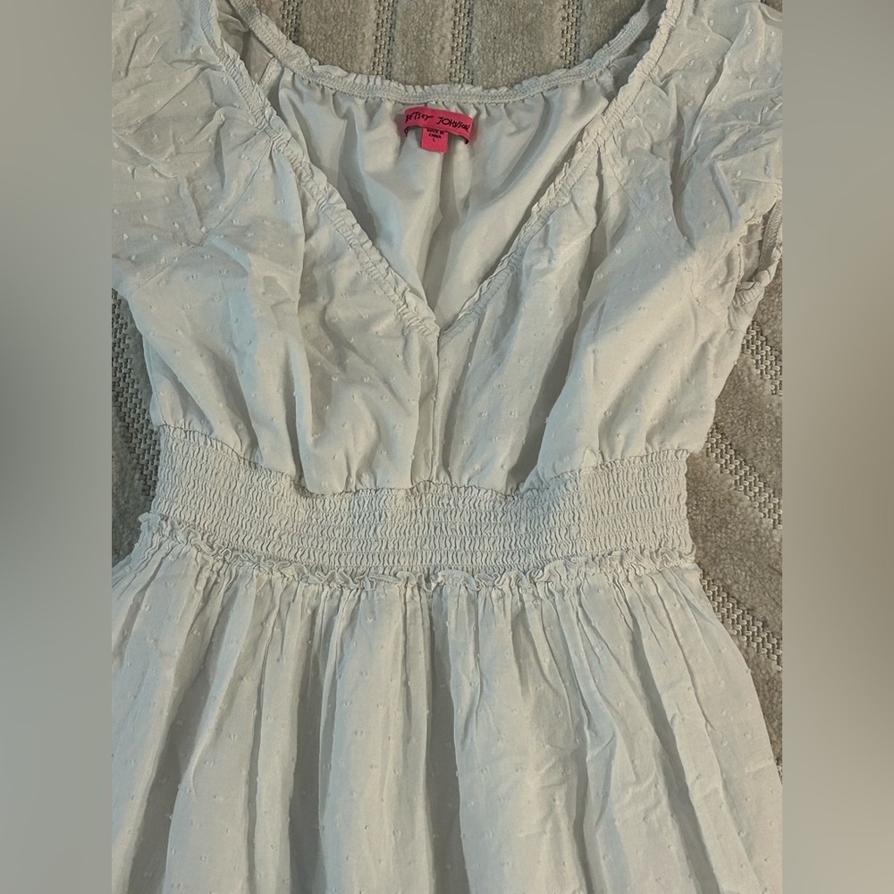 Betsey Johnson Cotton Clip Dot Smocked Puffed Sleeve Midi Dress - L - Picture 9 of 14